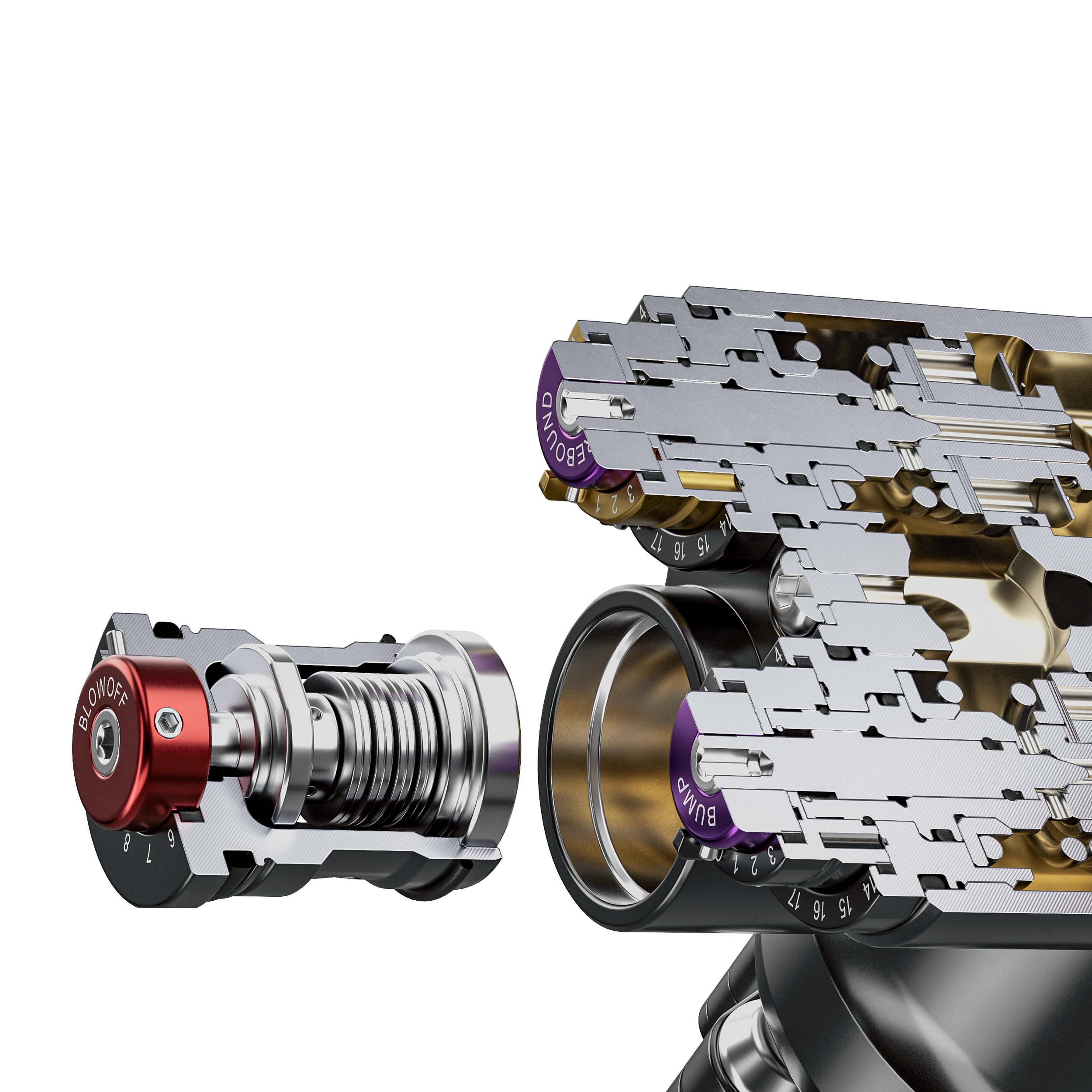 Adjustable blow-off (compression damping) with a total of 12 clicks for precise damping adjustment.